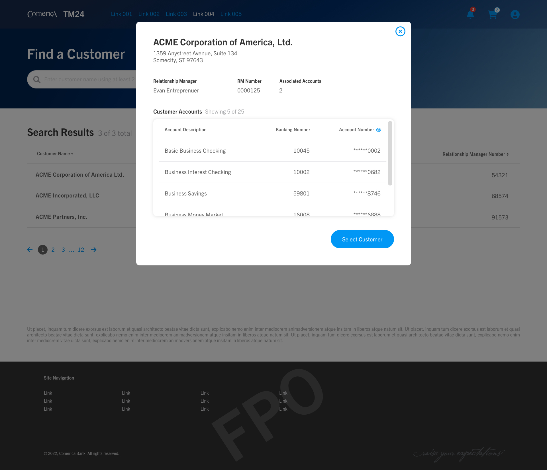 Comerica Bank TME Portal search results screen
