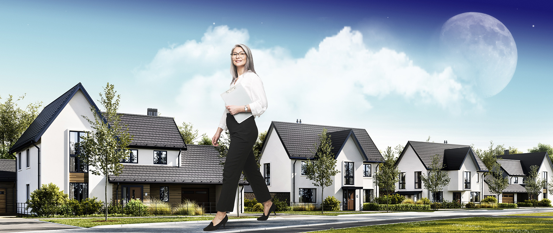 A giant real estate agent walking through a vibrant neighborhood