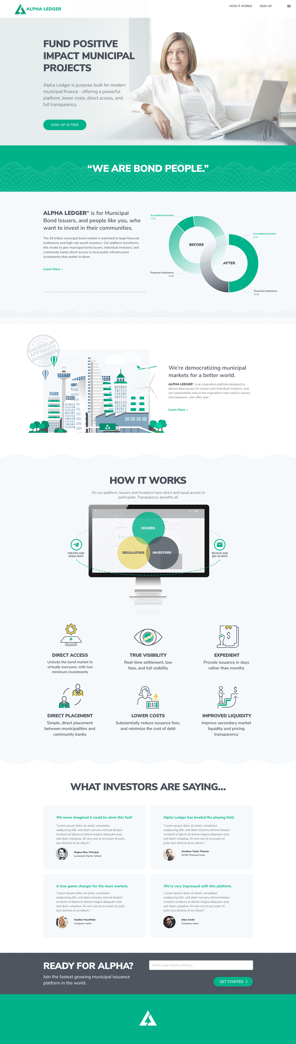Alpha Ledger visual design for a landing page showing branding