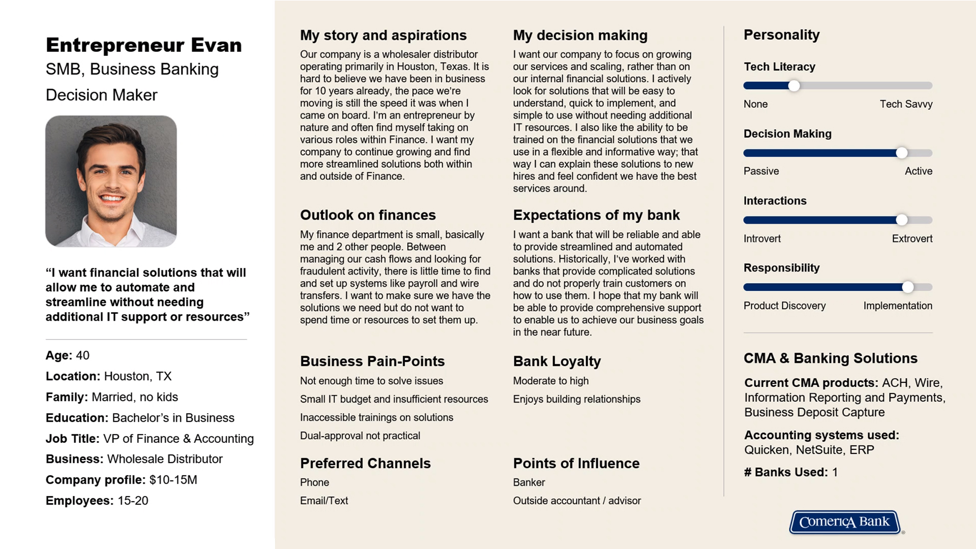 Comerica Bank TME portal user persona