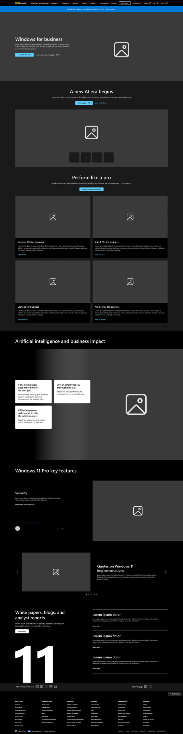 Windows for business homepage wire frame